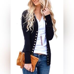 Zenana Snap Button Front V-Neck Soft Knit Long Sleeve Sweater Cardigan Black Lg